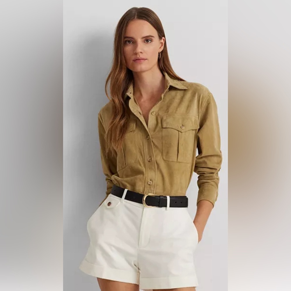 Ralph Lauren Women’s Goat Suede Button Up Long Sleeve Shirt / Jacket - Tan - XS